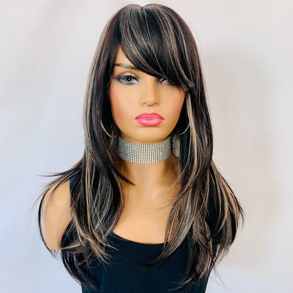 A Pretty  Salt & Pepper Color Heat Safe Synthetic Wig with Bangs - Effortless!
